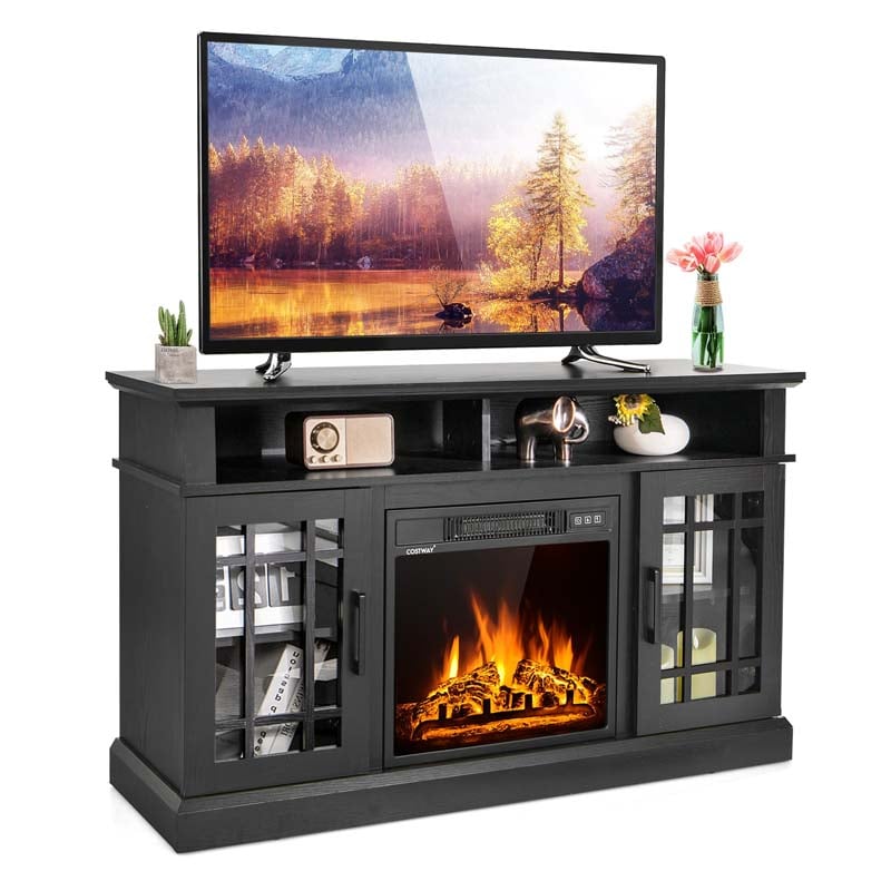 48" Electric Fireplace TV Stand for TVs Up to 55", Modern Wood Media Console with 18" Fireplace Heater, Remote Control & Adjustable Shelves