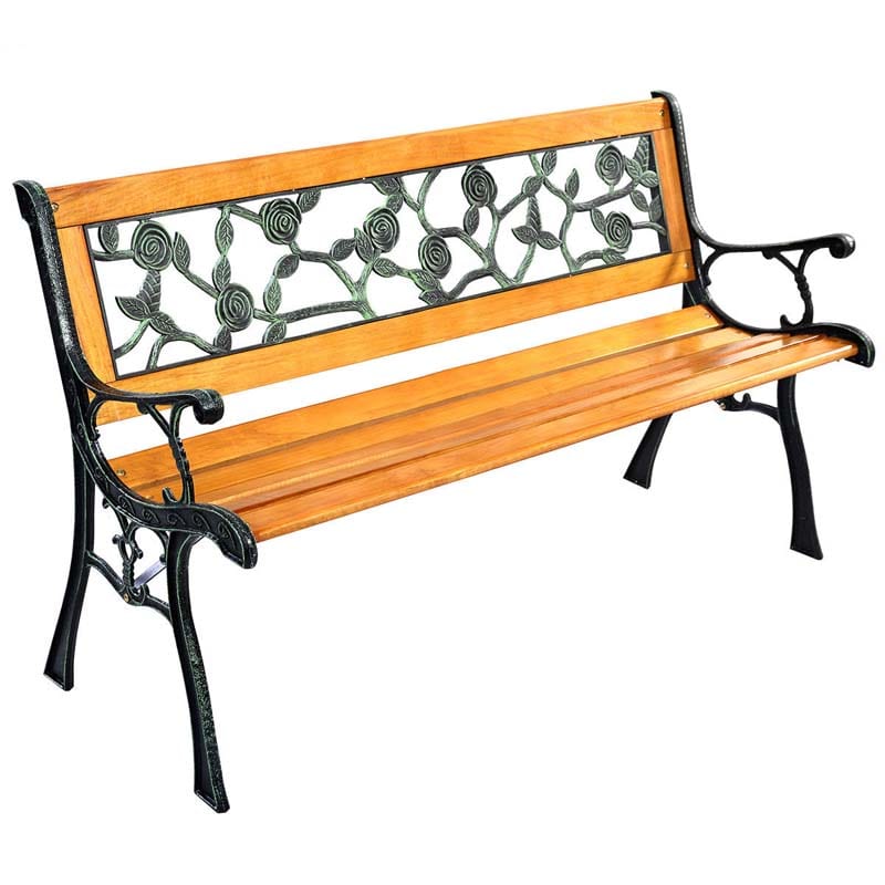 50" Outdoor Garden Bench, Rose Cast Iron & Hardwood Patio Park Loveseat with Stable Metal Legs, Weatherproof 2-Person Porch Bench for Backyard & Deck