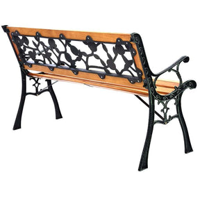 50" Outdoor Garden Bench, Rose Cast Iron & Hardwood Patio Park Loveseat with Stable Metal Legs, Weatherproof 2-Person Porch Bench for Backyard & Deck