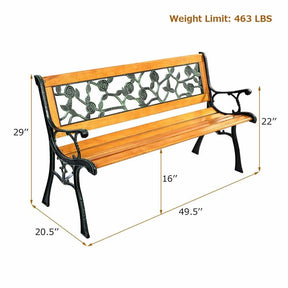 50" Outdoor Garden Bench, Rose Cast Iron & Hardwood Patio Park Loveseat with Stable Metal Legs, Weatherproof 2-Person Porch Bench for Backyard & Deck