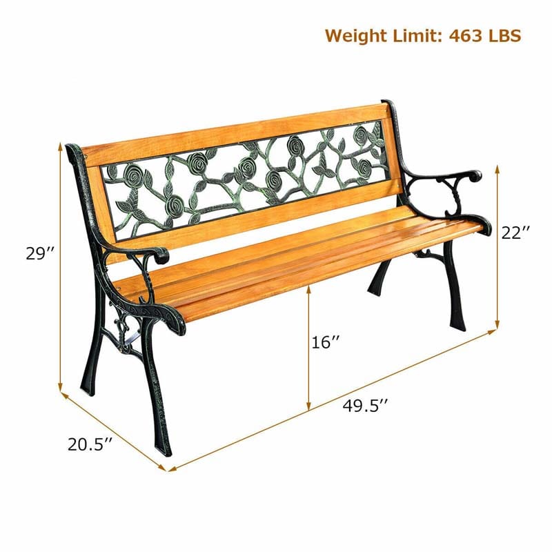50" Outdoor Garden Bench, Rose Cast Iron & Hardwood Patio Park Loveseat with Stable Metal Legs, Weatherproof 2-Person Porch Bench for Backyard & Deck