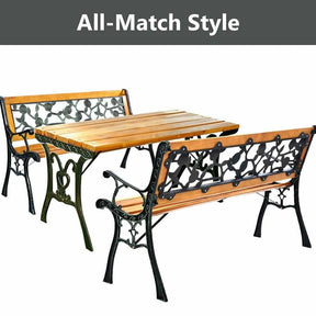 50" Outdoor Garden Bench, Rose Cast Iron & Hardwood Patio Park Loveseat with Stable Metal Legs, Weatherproof 2-Person Porch Bench for Backyard & Deck