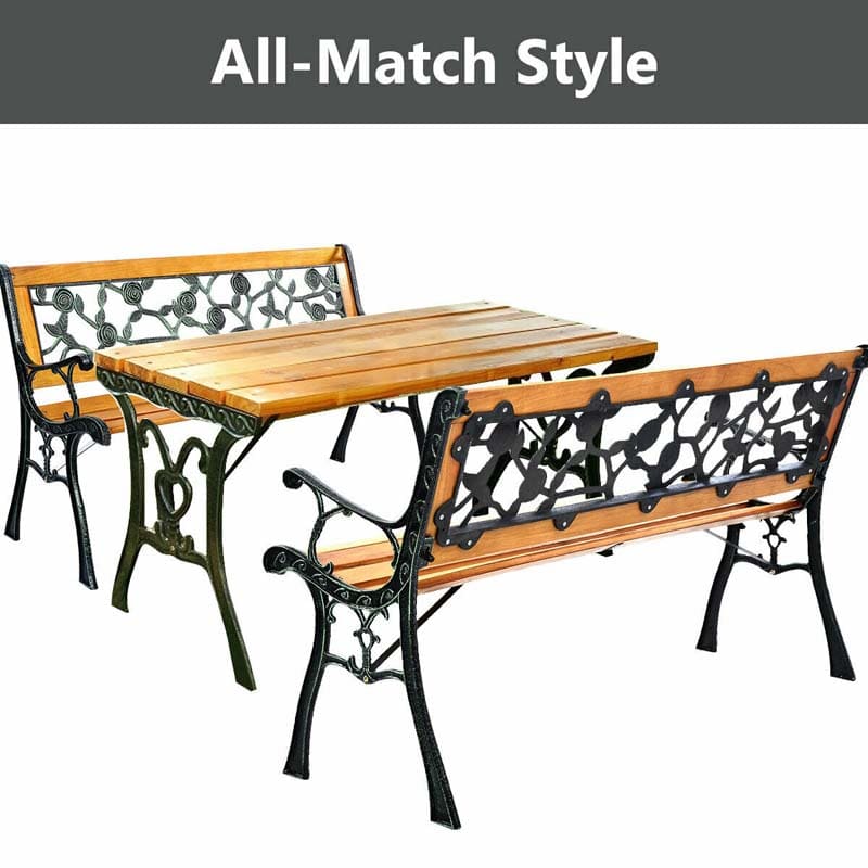 50" Outdoor Garden Bench, Rose Cast Iron & Hardwood Patio Park Loveseat with Stable Metal Legs, Weatherproof 2-Person Porch Bench for Backyard & Deck
