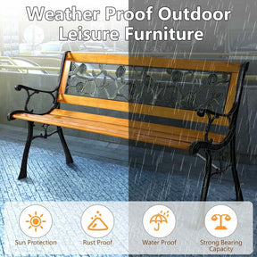 50" Outdoor Garden Bench, Rose Cast Iron & Hardwood Patio Park Loveseat with Stable Metal Legs, Weatherproof 2-Person Porch Bench for Backyard & Deck