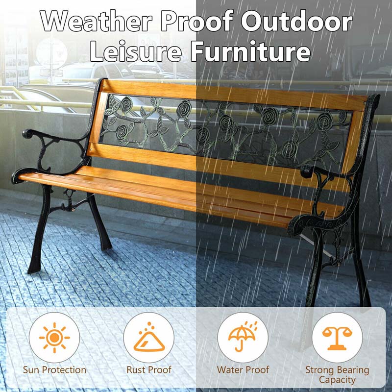 50" Outdoor Garden Bench, Rose Cast Iron & Hardwood Patio Park Loveseat with Stable Metal Legs, Weatherproof 2-Person Porch Bench for Backyard & Deck