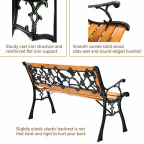 50" Outdoor Garden Bench, Rose Cast Iron & Hardwood Patio Park Loveseat with Stable Metal Legs, Weatherproof 2-Person Porch Bench for Backyard & Deck