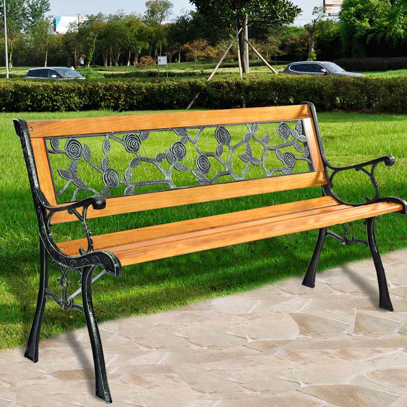 50" Outdoor Garden Bench, Rose Cast Iron & Hardwood Patio Park Loveseat with Stable Metal Legs, Weatherproof 2-Person Porch Bench for Backyard & Deck