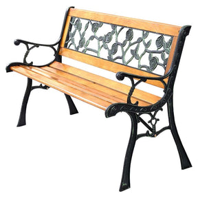 50" Outdoor Garden Bench, Rose Cast Iron & Hardwood Patio Park Loveseat with Stable Metal Legs, Weatherproof 2-Person Porch Bench for Backyard & Deck