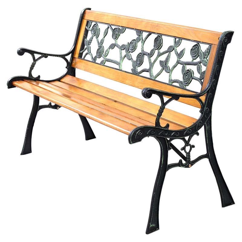 50" Outdoor Garden Bench, Rose Cast Iron & Hardwood Patio Park Loveseat with Stable Metal Legs, Weatherproof 2-Person Porch Bench for Backyard & Deck