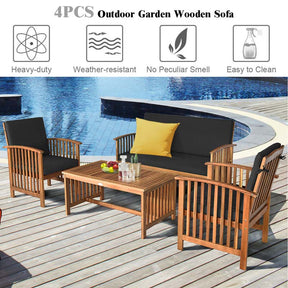 4 Pcs Outdoor Acacia Wood Sofa Set Patio Conversation Furniture Set with Cushions & Coffee Table
