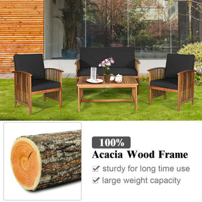 4 Pcs Outdoor Acacia Wood Sofa Set Patio Conversation Furniture Set with Cushions & Coffee Table
