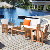 4 Pcs Outdoor Acacia Wood Sofa Set Patio Conversation Furniture Set with Cushions & Coffee Table