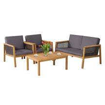 4 Pcs Outdoor Acacia Wood Furniture Set Rattan Patio Conversation Sofa Set with Coffee Table & Soft Cushions