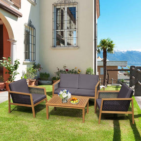 4 Pcs Outdoor Acacia Wood Furniture Set Rattan Patio Conversation Sofa Set with Coffee Table & Soft Cushions