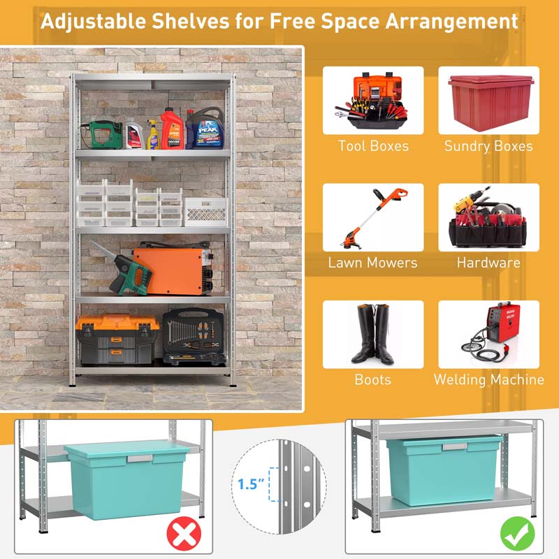 Silver 39" x 16" x 74" 5-Tier Heavy Duty Metal Storage Shelving Unit, Multi-Use Storage Racks Utility Shelves