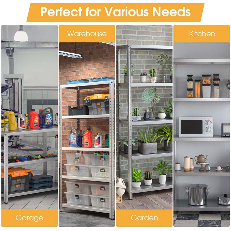 Silver 39" x 16" x 74" 5-Tier Heavy Duty Metal Storage Shelving Unit, Multi-Use Storage Racks Utility Shelves