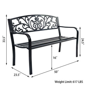 50" Cast Iron Backrest Outdoor Patio Bench Seat, Weatherproof Steel Frame Garden Bench for Park Porch
