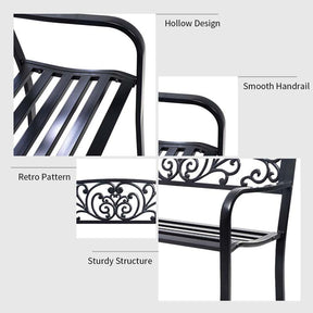 50" Cast Iron Backrest Outdoor Patio Bench Seat, Weatherproof Steel Frame Garden Bench for Park Porch