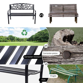 50" Cast Iron Backrest Outdoor Patio Bench Seat, Weatherproof Steel Frame Garden Bench for Park Porch