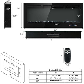 50" Ultra-Thin Recessed Electric Fireplace Insert, 1500W Wall-mounted Fireplace Heater with 9 Flame Colors