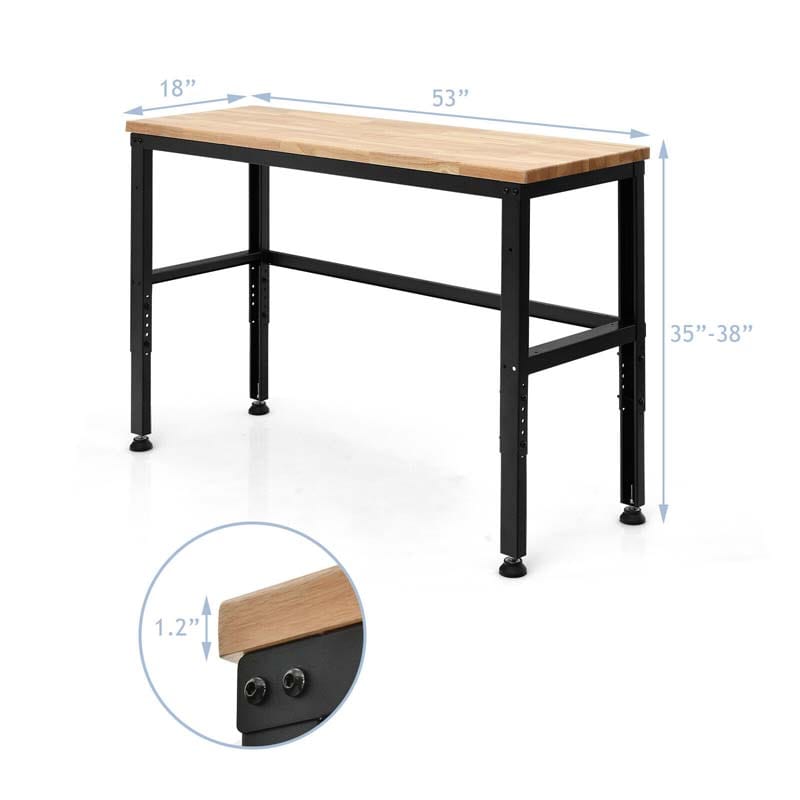 53" Oak Wood Workbench with 3-level Adjustable Heights, Heavy-Duty Steel Work Table Hardwood Workstation