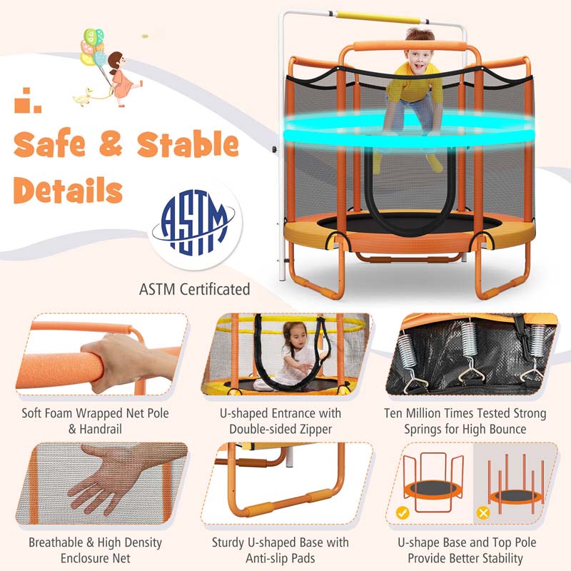 5FT 3-in-1 Kids Trampoline with Adjustable Horizontal Bar & Rings, ASTM Approved Heavy Duty 330 Lbs Toddler Trampoline Indoor Outdoor Ages 3+