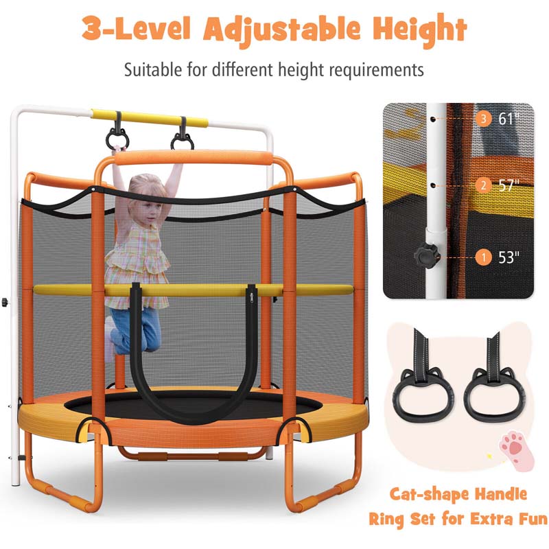 5FT 3-in-1 Kids Trampoline with Adjustable Horizontal Bar & Rings, ASTM Approved Heavy Duty 330 Lbs Toddler Trampoline Indoor Outdoor Ages 3+