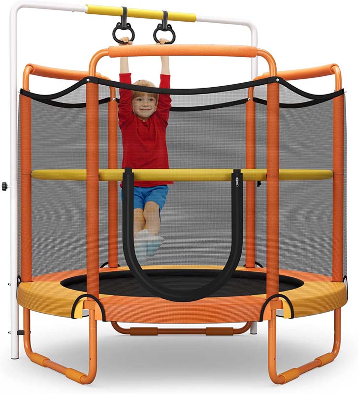 5FT 3-in-1 Kids Trampoline with Adjustable Horizontal Bar & Rings, ASTM Approved Heavy Duty 330 Lbs Toddler Trampoline Indoor Outdoor Ages 3+