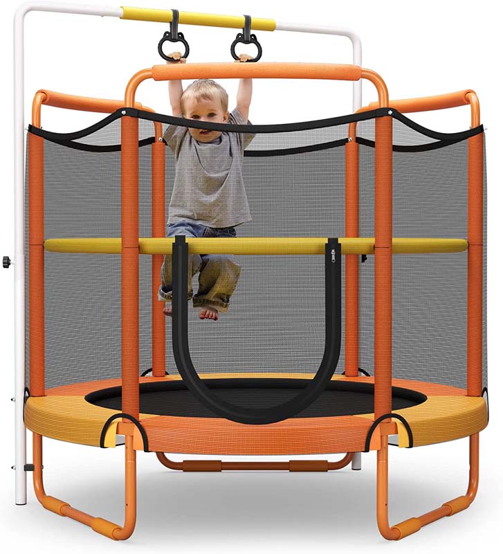 5FT 3-in-1 Kids Trampoline with Adjustable Horizontal Bar & Rings, ASTM Approved Heavy Duty 330 Lbs Toddler Trampoline Indoor Outdoor Ages 3+