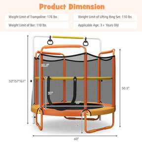 5FT 3-in-1 Kids Trampoline with Adjustable Horizontal Bar & Rings, ASTM Approved Heavy Duty 330 Lbs Toddler Trampoline Indoor Outdoor Ages 3+