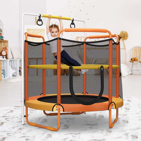 5FT 3-in-1 Kids Trampoline with Adjustable Horizontal Bar & Rings, ASTM Approved Heavy Duty 330 Lbs Toddler Trampoline Indoor Outdoor Ages 3+