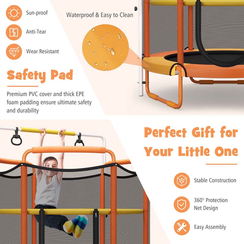 5FT 3-in-1 Kids Trampoline with Adjustable Horizontal Bar & Rings, ASTM Approved Heavy Duty 330 Lbs Toddler Trampoline Indoor Outdoor Ages 3+