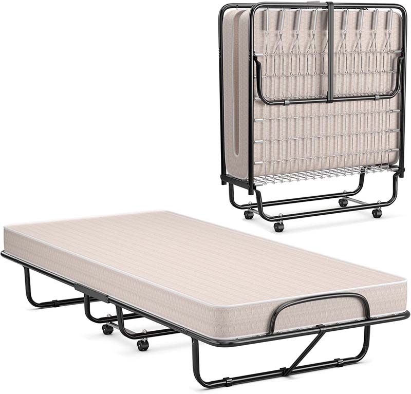 Twin Folding Bed w/ 5" Memory Foam Mattress, Portable Rollaway Guest Bed on Wheels, Heavy Duty Steel Frame, Space-Saving Design, Made in Italy