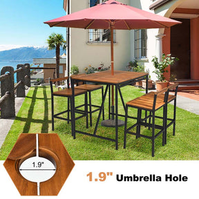5 Pcs Acacia Wood Rattan Wicker Outdoor Patio Bar Set Dining Table Set with 1.9" Umbrella Hole & 4 Bar Stools