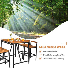 5 Pcs Acacia Wood Rattan Wicker Outdoor Patio Bar Set Dining Table Set with 1.9" Umbrella Hole & 4 Bar Stools