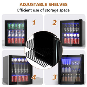 60-Can Mini Drink Fridge 1.6 Cu.Ft Beverage Refrigerator Cooler with Glass Door & Adjustable Shelf, Blue LED Light