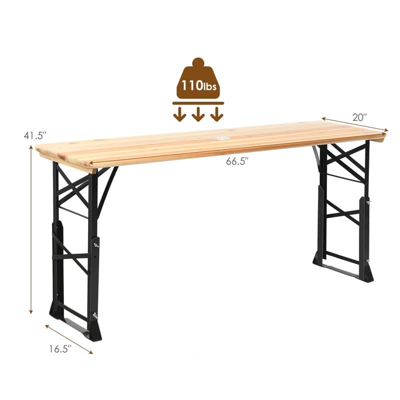 66.5" Wood Folding Picnic Table with Umbrella Hole, Height Adjustable Outdoor Dining Table for Camping Party