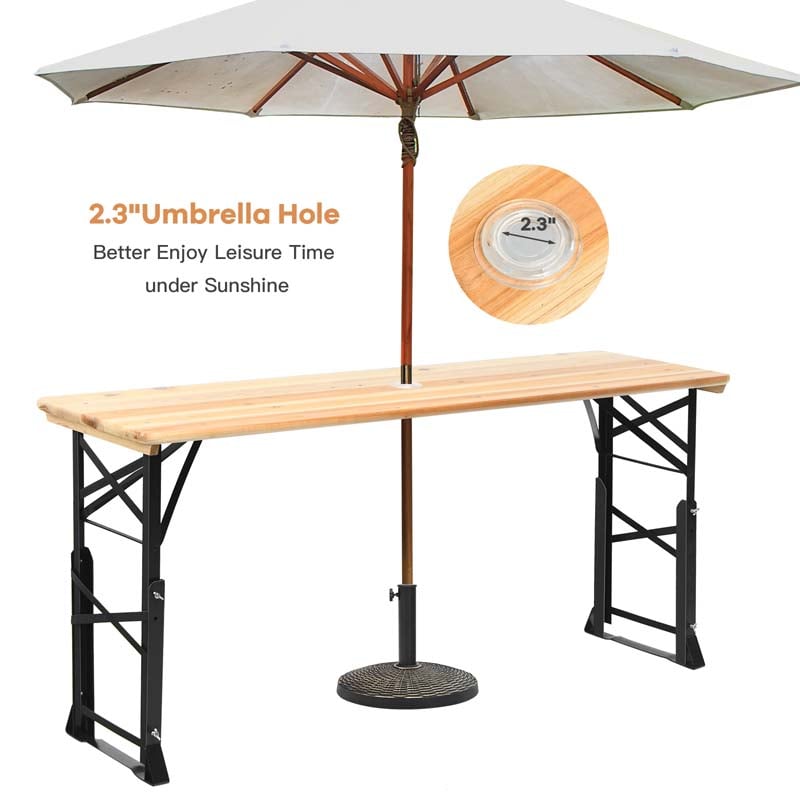 66.5" Wood Folding Picnic Table with Umbrella Hole, Height Adjustable Outdoor Dining Table for Camping Party