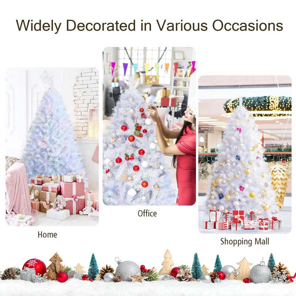6/7/8FT White Iridescent Hinged Artificial Christmas Tree with 792/1156/1636 Branch Tips & Metal Stand