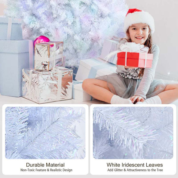 6/7/8FT White Iridescent Hinged Artificial Christmas Tree with 792/1156/1636 Branch Tips & Metal Stand