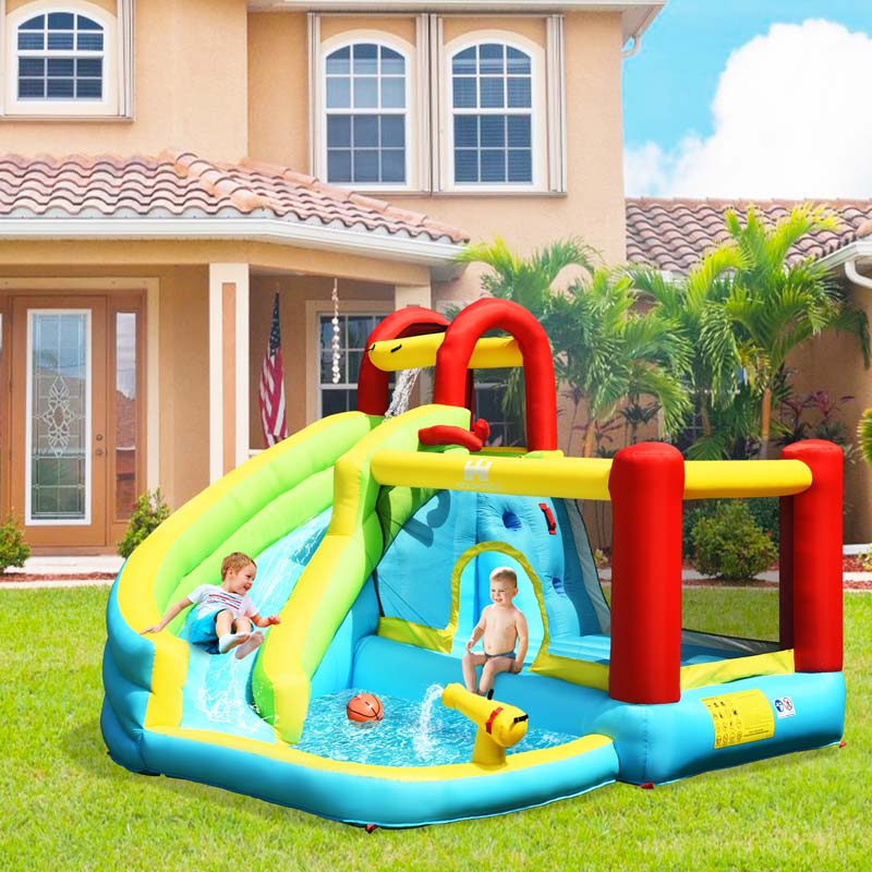6-in-1 Kids Inflatable Bounce House Water Park with Slide, Splash Pool, Trampoline, Climbing Wall & Water Gun Rim for Outdoor Backyard Party Gifts