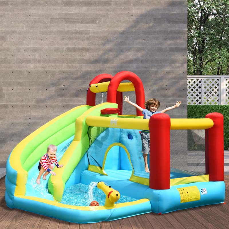 6-in-1 Kids Inflatable Bounce House Water Park with Slide, Splash Pool, Trampoline, Climbing Wall & Water Gun Rim for Outdoor Backyard Party Gifts