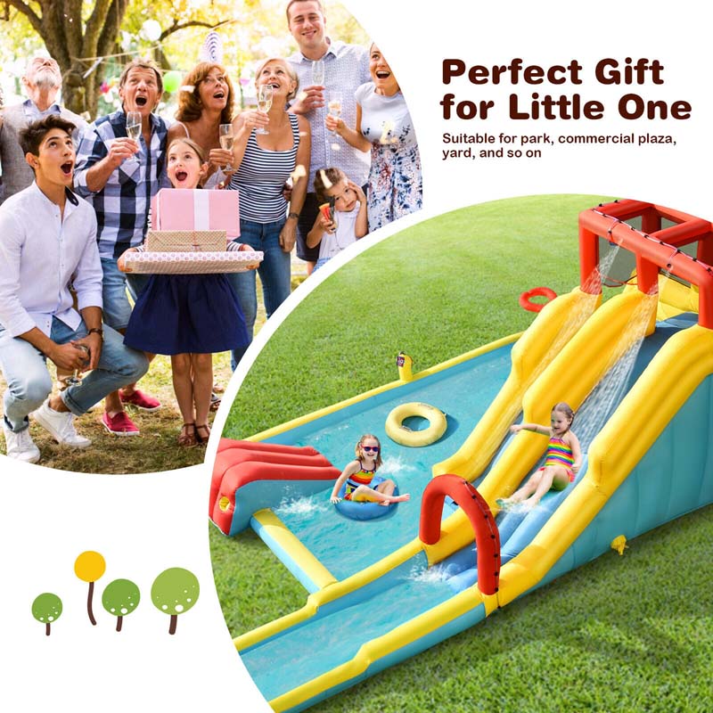 7 in 1 Dual Slide Water Park Bouncy Castle Inflatable Bounce House with Climbing Wall, Splash Pool, Basketball Rim, Water Gun & Sprinker