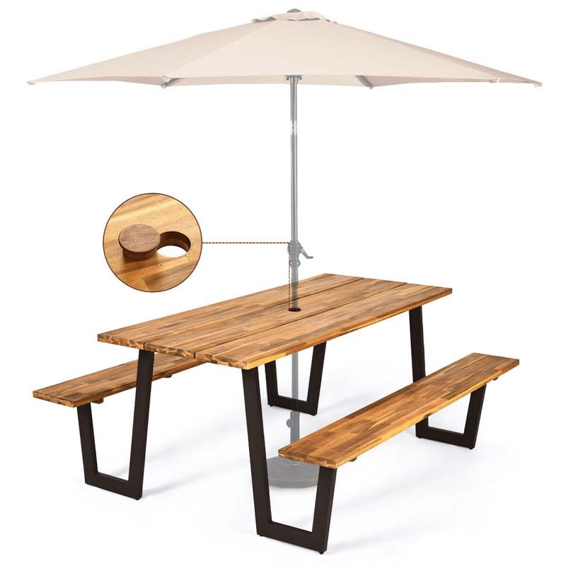70" Patented Acacia Wood Picnic Table Bench Set with Umbrella Hole, 6-8 Person Outdoor Patio Dining Table, Heavy Duty Metal Frame Beer Garden Table