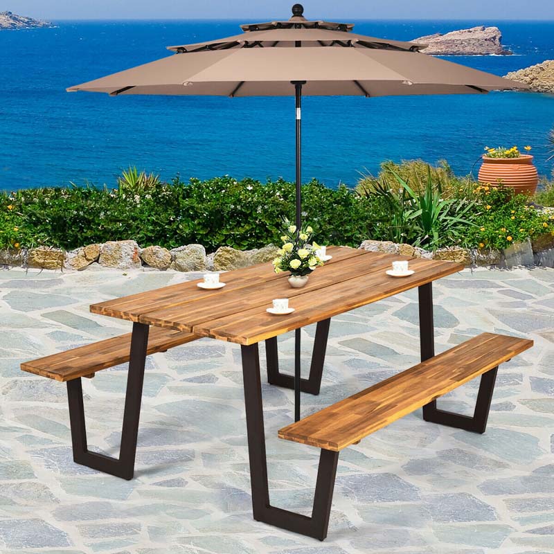 70" Patented Acacia Wood Picnic Table Bench Set with Umbrella Hole, 6-8 Person Outdoor Patio Dining Table, Heavy Duty Metal Frame Beer Garden Table