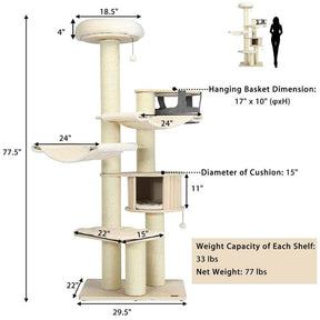 78" Tall Cat Tree with Sisal Posts, Wooden Large Cat Tower Condo, Modern Multi-Level Kitten Activity Tree