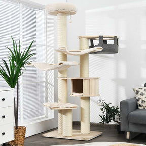 78" Tall Cat Tree with Sisal Posts, Wooden Large Cat Tower Condo, Modern Multi-Level Kitten Activity Tree