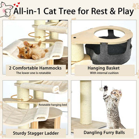 78" Tall Cat Tree with Sisal Posts, Wooden Large Cat Tower Condo, Modern Multi-Level Kitten Activity Tree