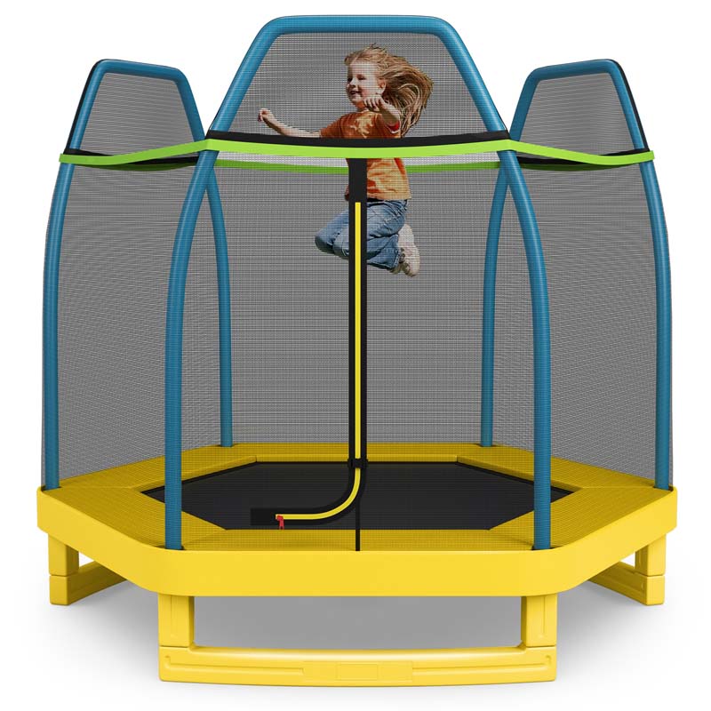 7FT Kids Trampoline with Safety Enclosure Net, ASTM Approved & Widened Base, Indoor Outdoor Recreational Trampoline for Toddlers Ages 3+
