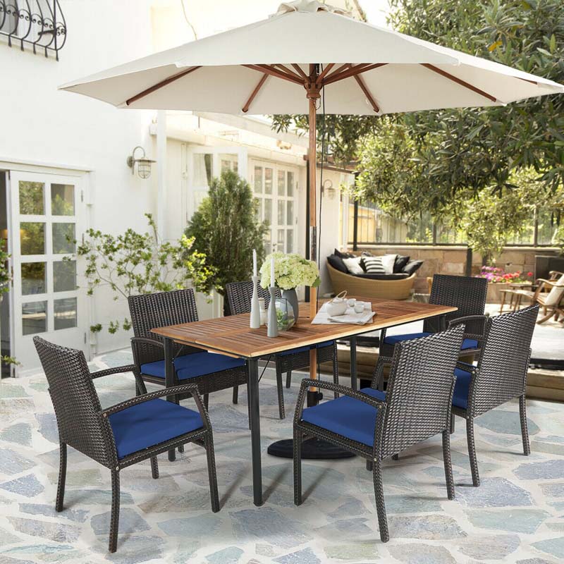 7 Piece Rattan Patio Dining Set with Umbrella Hole, Acacia Wood Tabletop, Cushioned Chairs
